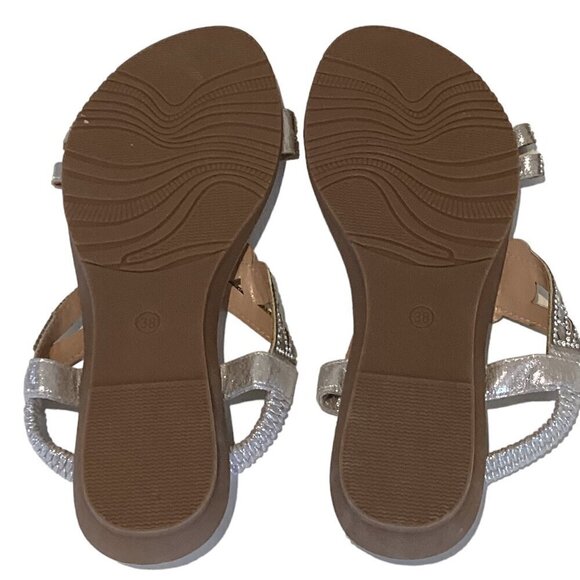 Dressy BOHO Rhinestone Flower Silver Flat Comfort Sandal Sz 38 US 7.5 #292G - Picture 8 of 8